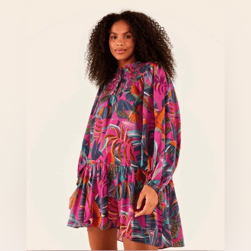 Farm Rio Rainbow Macaws Mini Dress Bird Print Long Puff Sleeve Ruffle sz medium